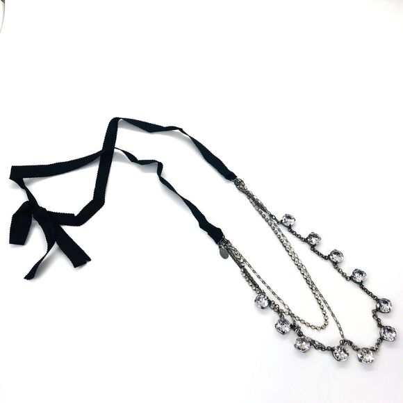 American Eagle Black Ribbon Silver Rhinestone Tie Statement 3 Strand Necklace - Picture 1 of 4